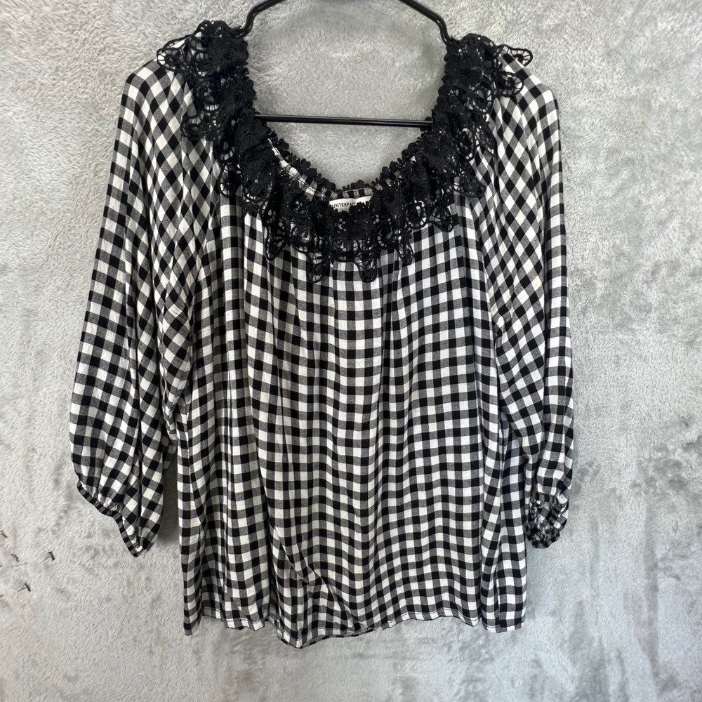 Counterparts Black White Gingham Lace SZ L Trim Blouse 3/4 Sleeve French Girl
